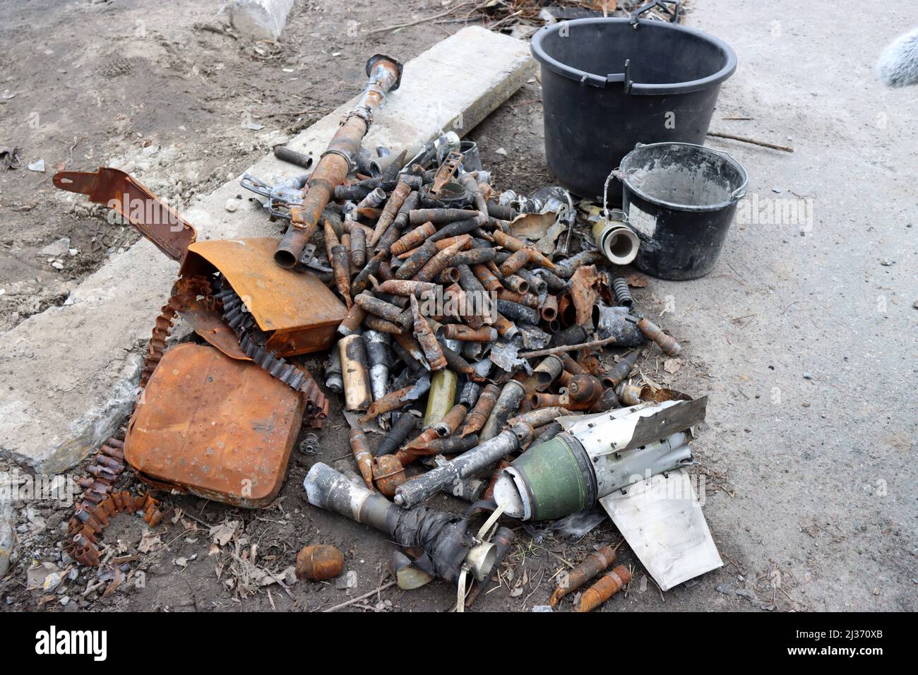 BUCHA, UKRAINE - APRIL 5, 2022 - Cartridge cases are pictured on Vokzalna Street following the liberation of the city from Russian invaders, Bucha, Ky Stock Photo
