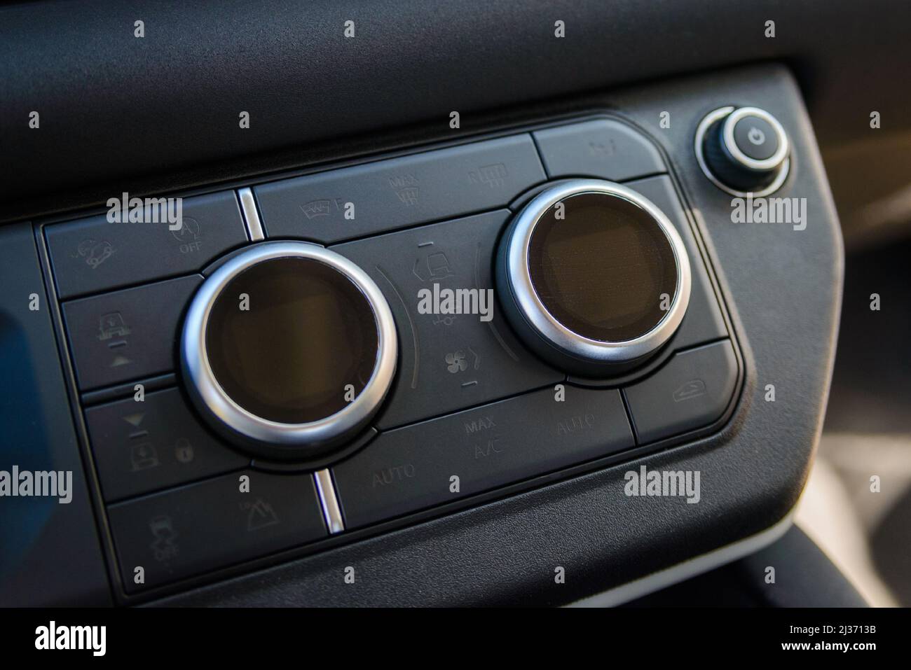 Russia, Rostovskaya oblast, 2021 June 09: Offroad and climate dashboard of new Land Rover Defender. Four-wheel drive off-road SUV. Stock Photo