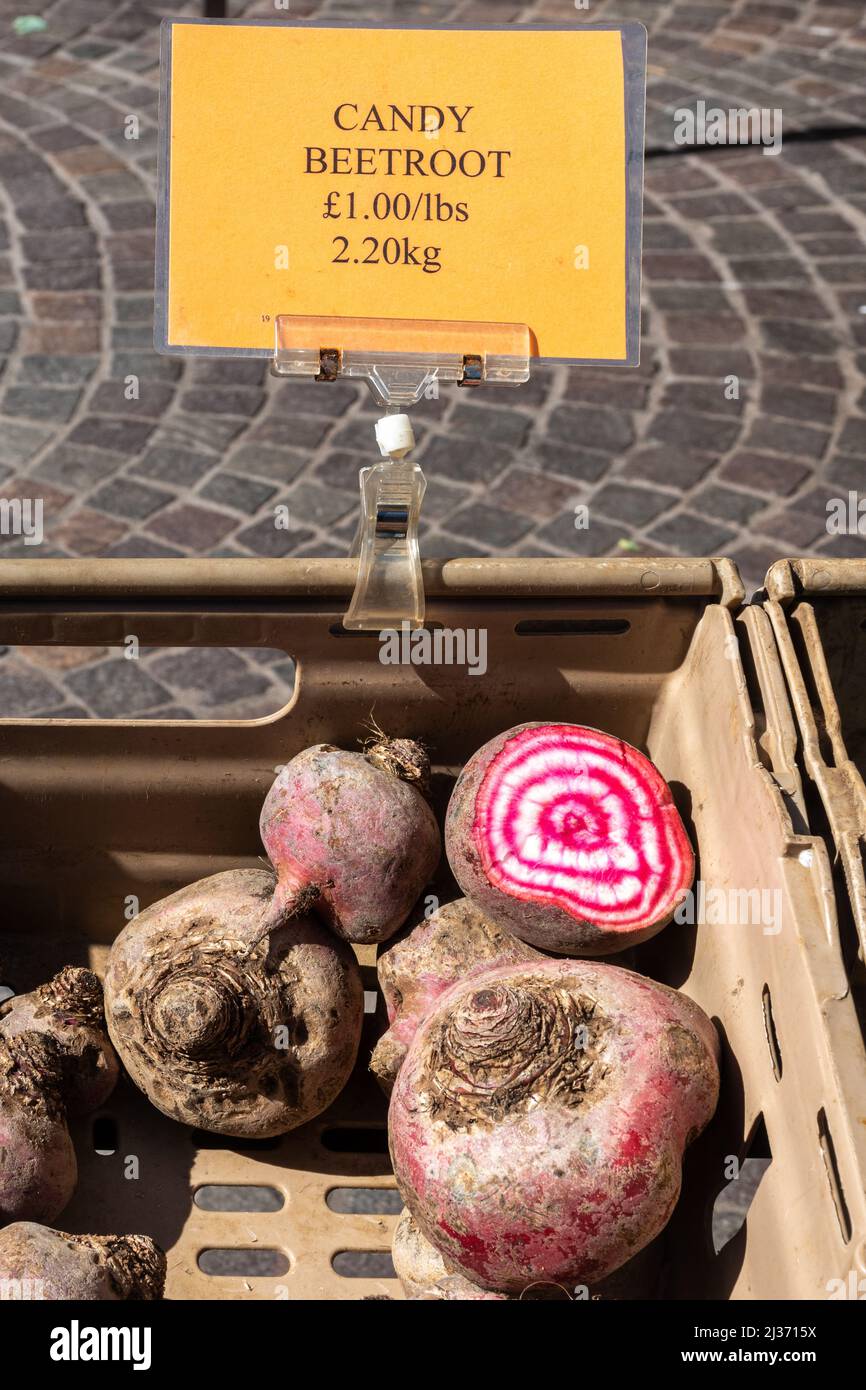 Candy beetroot for sale on a farmers market, candy cane beets Stock Photo