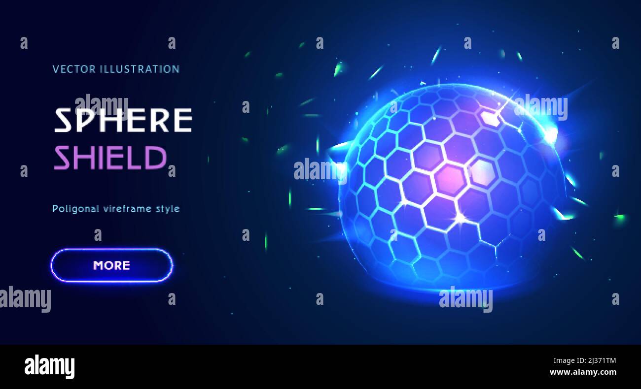 Energy glowing sphere, force shield bubble. Power protective defense dome or protection field. 3d safety blue ball barrier. Firewall absolute protect. Landing page for antiviral futuristic technology. Stock Vector