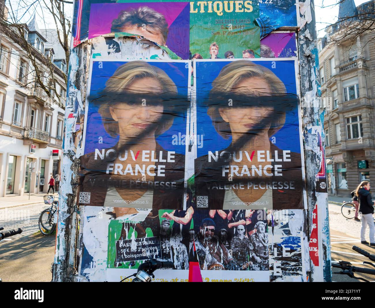 Strasbourg, France - Mar 6, 2022: Z signage in front of political campaing portraits on the Valerie Pecresse from Nouvelle France Stock Photo