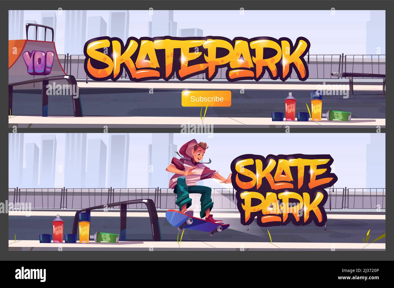 Skate park banners with boy riding on skateboard. Vector cartoon  illustration of skatepark with ramps, graffiti on wall, aerosols and  teenager jump on track. Playground for extreme sport activity Stock Vector  Image & Art - Alamy