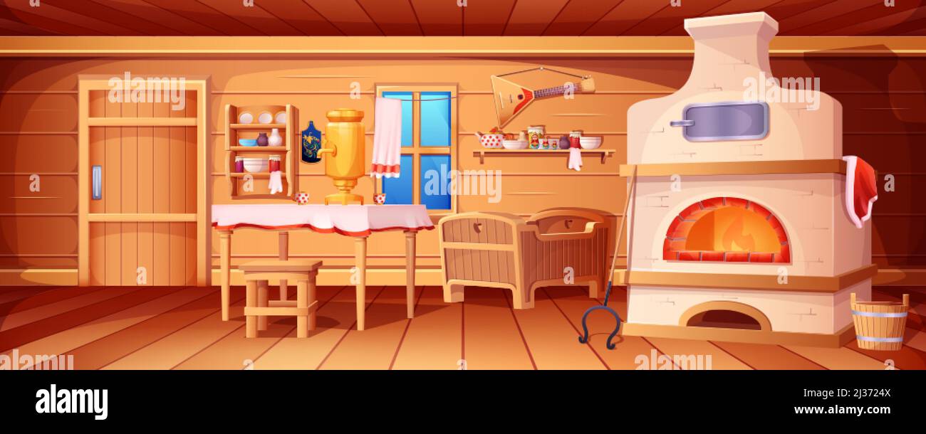 Cartoon russian hut interior with old kitchen. Ancient ukrainian house inside view with wooden furniture, window, door. Rural traditional cooking room with stove, samovar, grip, balalaika, baby crib Stock Vector Image & Cartoon russian hut interior with old kitchen. Ancient ukrainian house inside view with wooden furniture, window, door. Rural traditional cooking room with stove, samovar, grip, balalaika, baby crib Stock Vector Image &