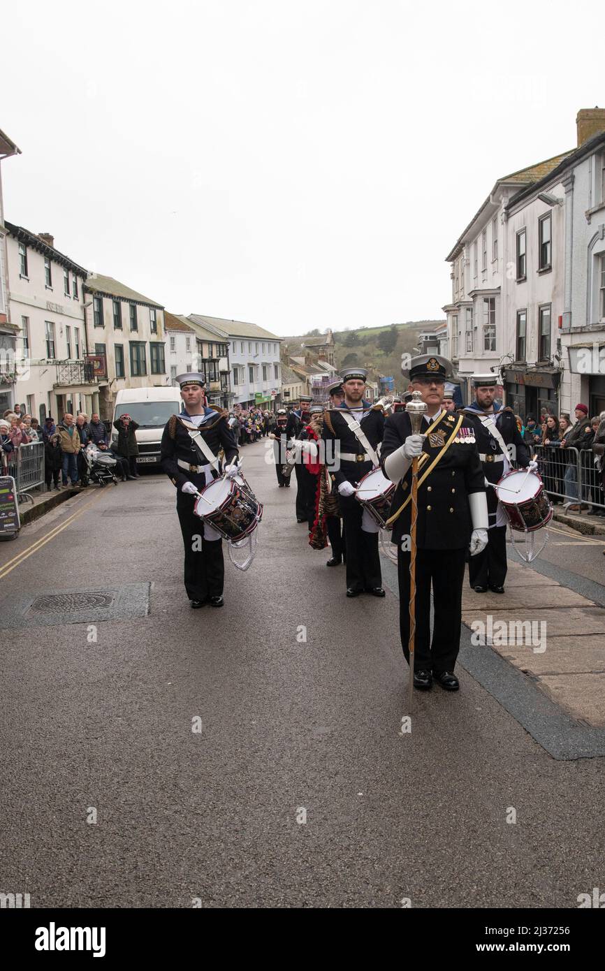 Freedom Parade in Helston Cornwall,RNAS Culdrose Navy personnel form up at approx 10am and march down Meneage Street to the Guildhall, where the Mayor and Captain of Culdrose inspect the guard. The Mayor's Chaplain leads prayers, the Mayor addresses the Parade and then the Captain of RNAS Culdrose responds. The Parade is an important day in the civic calendar, as well as for the people of the town, many of whom have links with the air base. All are welcome to watch this unique and impressive spectacle, Credit: kathleen white/Alamy Live News Stock Photo