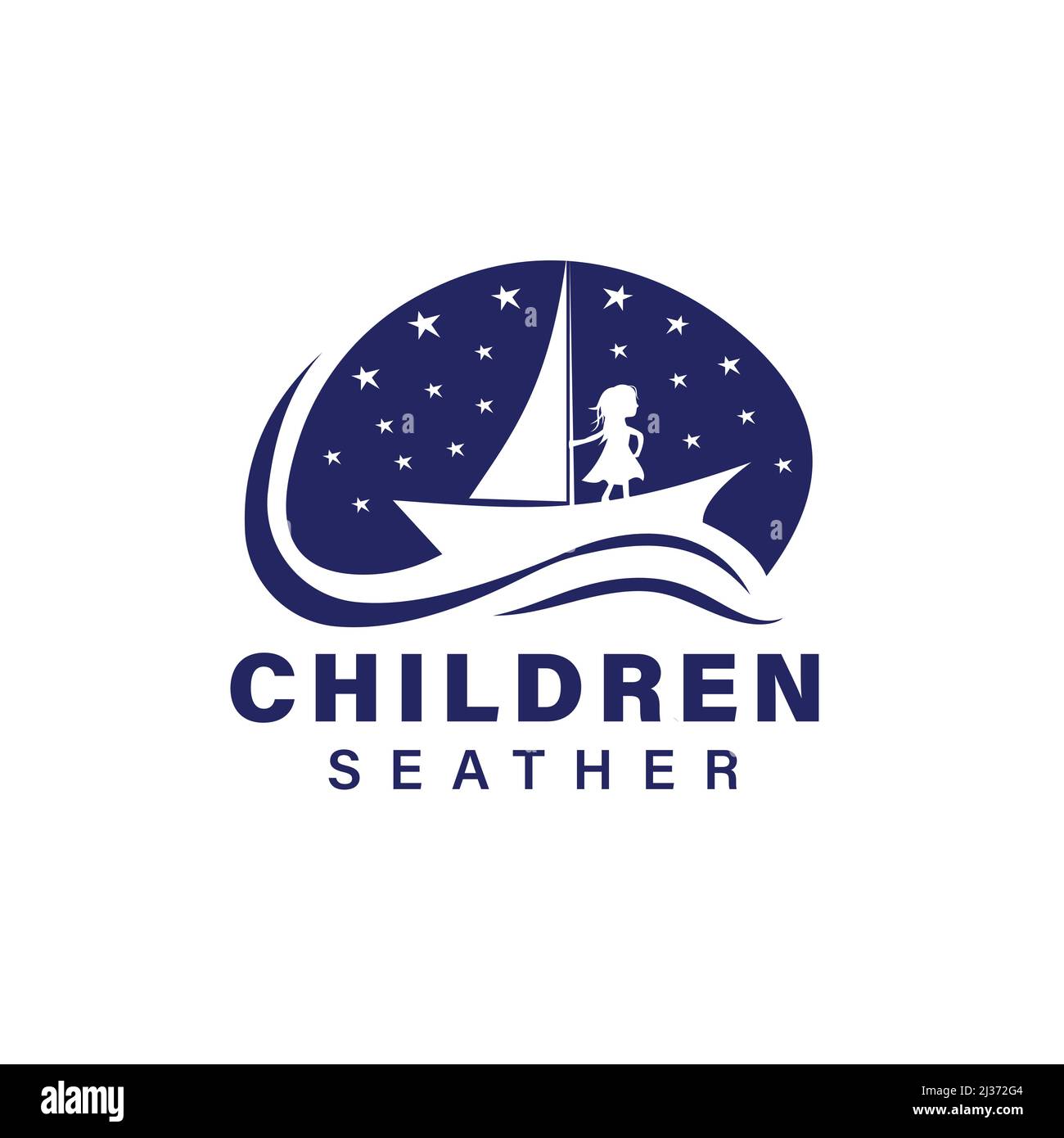 Children's zone illustration design logo - Silhouette illustration of a sailing ship with children's characters, stars in the sky. Stock Vector