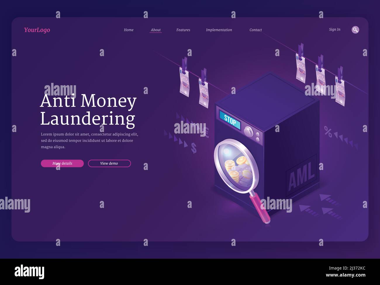 Anti money laundering banner. AML concept, prevent illegal business, financial crime, bribes and corruption. Vector landing page with isometric washin Stock Vector