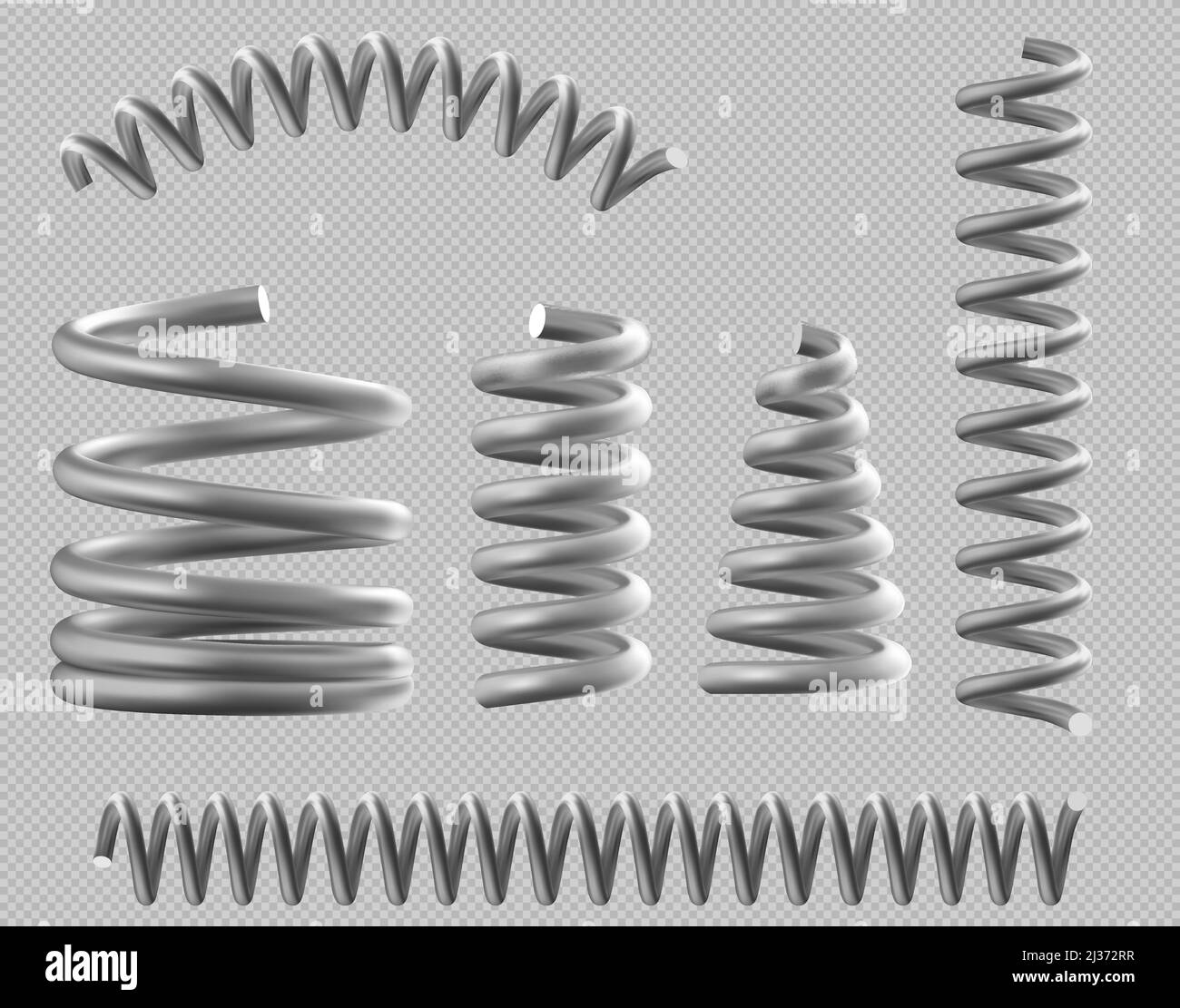 Metal springs, realistic coils for bed or car, flexible spiral parts set isolated on transparent background. Steel industrial or mechanic garage equip Stock Vector