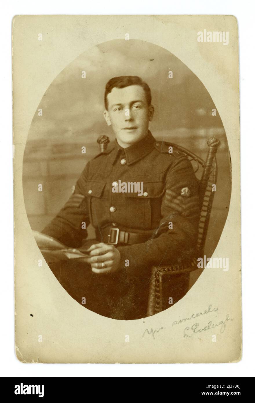Original WW1 era postcard of a non-commissioned British officer rank Staff Sergeant L. Everleigh. He was posted to take part in the Salonika campaign (now Thessaloniki) in the northern Greek region of Macedonia, Greece circa 1916-1918 Stock Photo