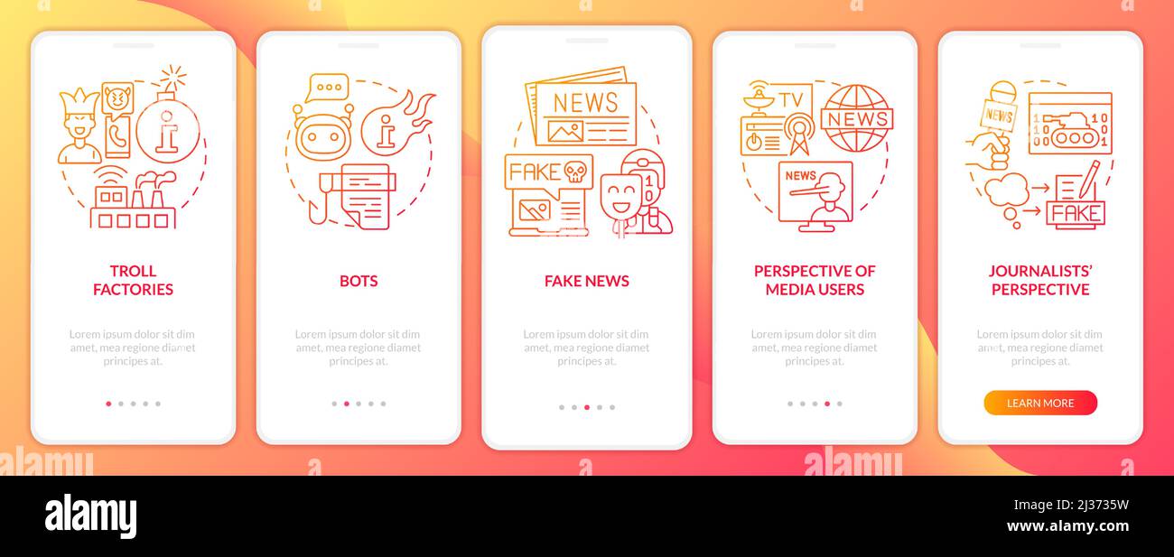 Information war over Internet red gradient onboarding mobile app screen Stock Vector