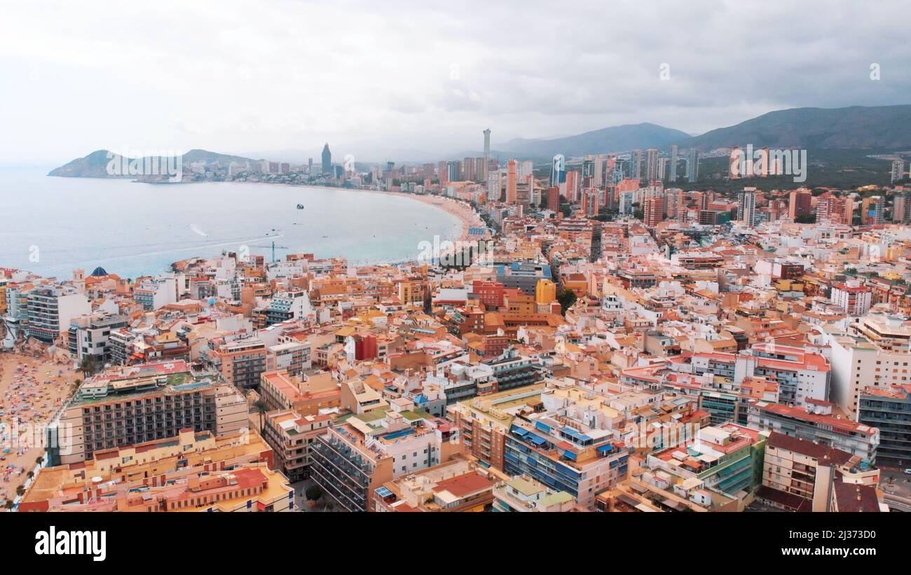 2021.08.18 Benidorm, Spain side view of the Spanish city, its bay, and hills in the distance. High-quality photo Stock Photo