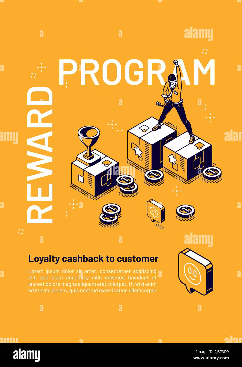 Reward program isometric poster, loyalty cashback to customer, money