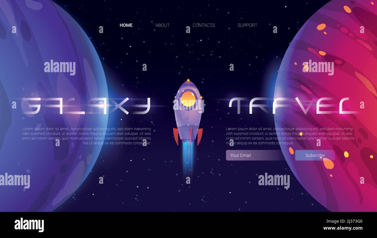 Galaxy travel banner. Concept of flying in outer space, exploring cosmos and discovery. Vector landing page with cartoon futuristic illustration of sp Stock Vector