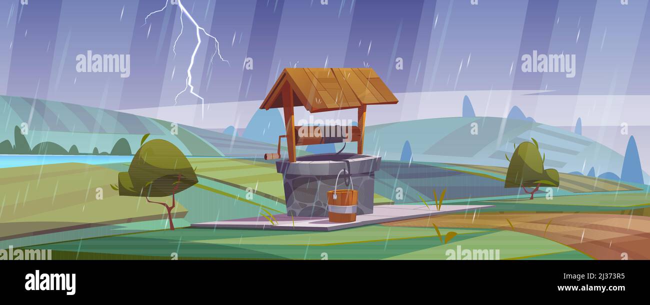 Old stone well with drinking water on green hill at rainy weather. Vector cartoon summer landscape vintage well with wooden roof, pulley and bucket. S Stock Vector