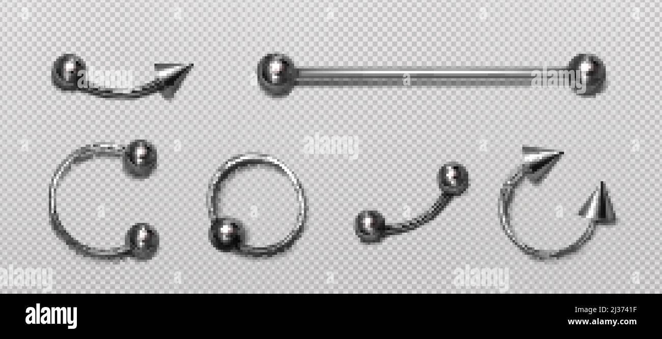Set of piercing jewelry, metal pierce rings, barbell with balls and cones for face and body decoration. Beauty accessories, earrings isolated on trans Stock Vector