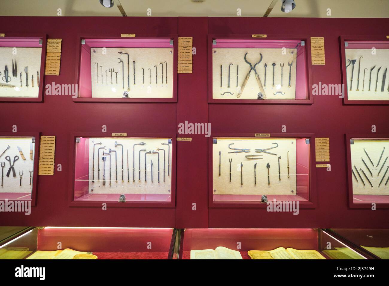 Cases filled with sets of old surgical instruments for medical operations. At the Medical