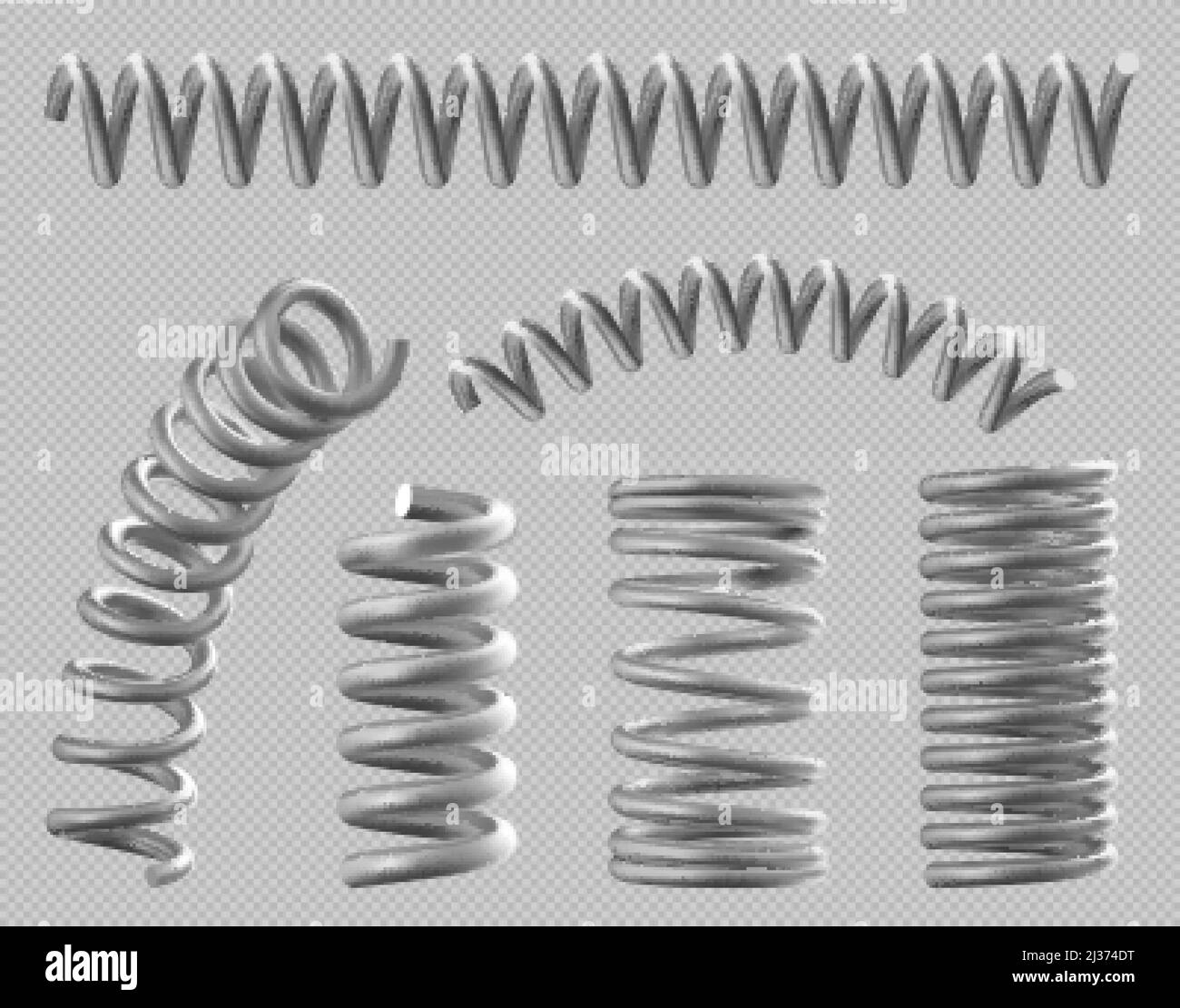 Metal springs, realistic coils for bed or car, flexible spiral parts set isolated on transparent background. Steel industrial or mechanic garage equip Stock Vector