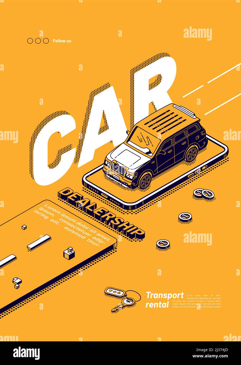 Car dealership poster. Online service for rent vehicle, lease auto. Vector flyer of transport