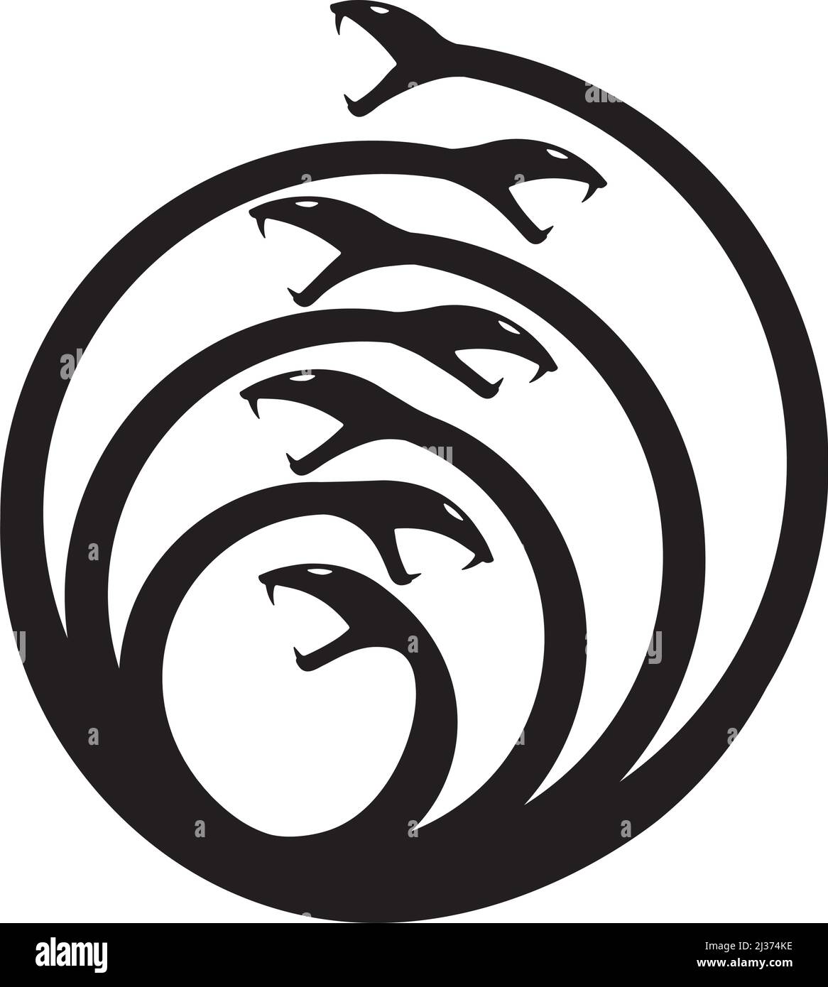 Seven Head Hydra symbol ouroboros style black on white Stock Vector