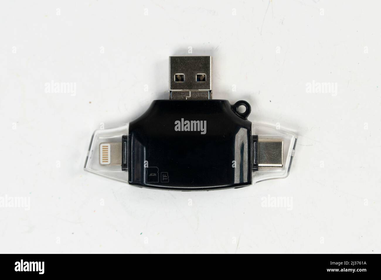 Micro usb device isolated on white background, smartphone connection tool, black usb device top view selective focus Stock Photo