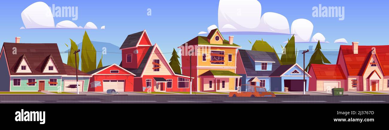 Abandoned suburb houses, suburban street with old residential cottages with boarded up windows and doors, holes in walls and destroyed cars, countrysi Stock Vector