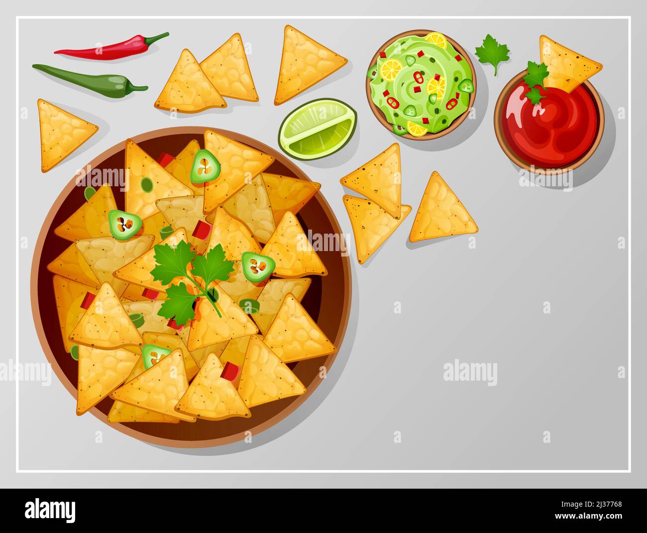 Bowl with nachos, salsa, guacamole and ranch sauces top view. Traditional Mexican food tortilla chips with dressing, lime slice and jalapeno hot chili Stock Vector