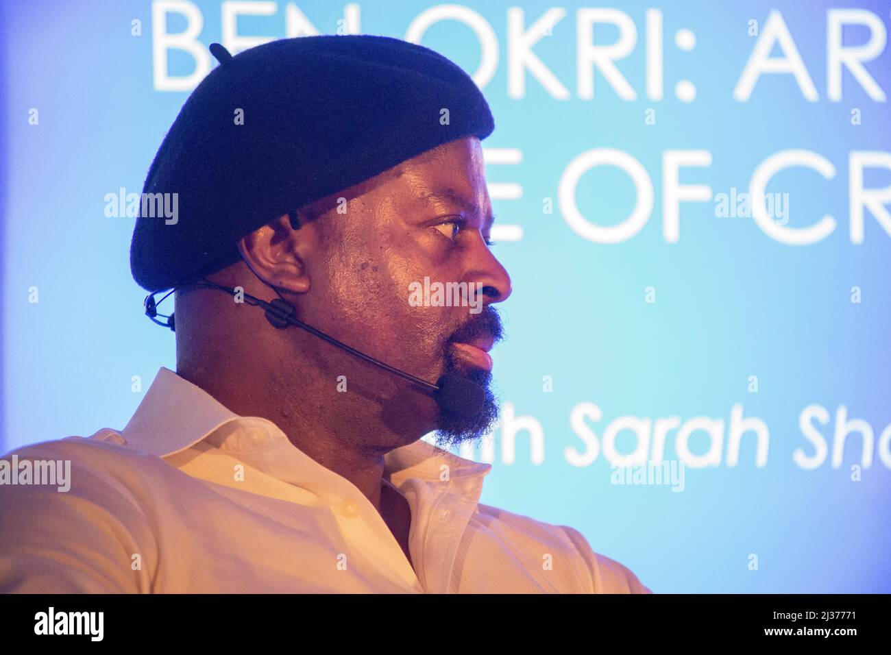 London, UK. 6th Apr, 2022. Ben Okri on Art and Crisis at the London Book Fair 2022. Nigerian born Booker Prize winner, Ben Okri spoke at the London Book Fair on Art and Crisis with especial reference to the war in Ukraine and Brexit. Credit: Peter Hogan/Alamy Live News Stock Photo