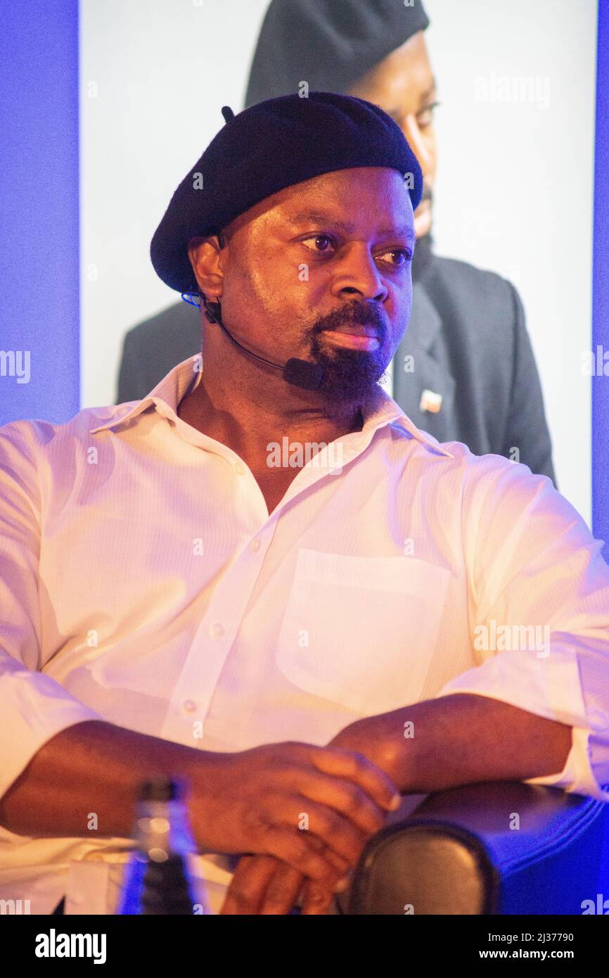 London, UK. 6th Apr, 2022. Ben Okri on Art and Crisis at the London Book Fair 2022. Nigerian born Booker Prize winner, Ben Okri spoke at the London Book Fair on Art and Crisis with especial reference to the war in Ukraine and Brexit. Credit: Peter Hogan/Alamy Live News Stock Photo