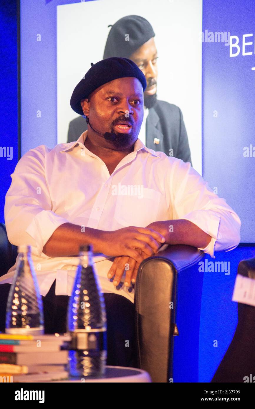 London, UK. 6th Apr, 2022. Ben Okri on Art and Crisis at the London Book Fair 2022. Nigerian born Booker Prize winner, Ben Okri spoke at the London Book Fair on Art and Crisis with especial reference to the war in Ukraine and Brexit. Credit: Peter Hogan/Alamy Live News Stock Photo