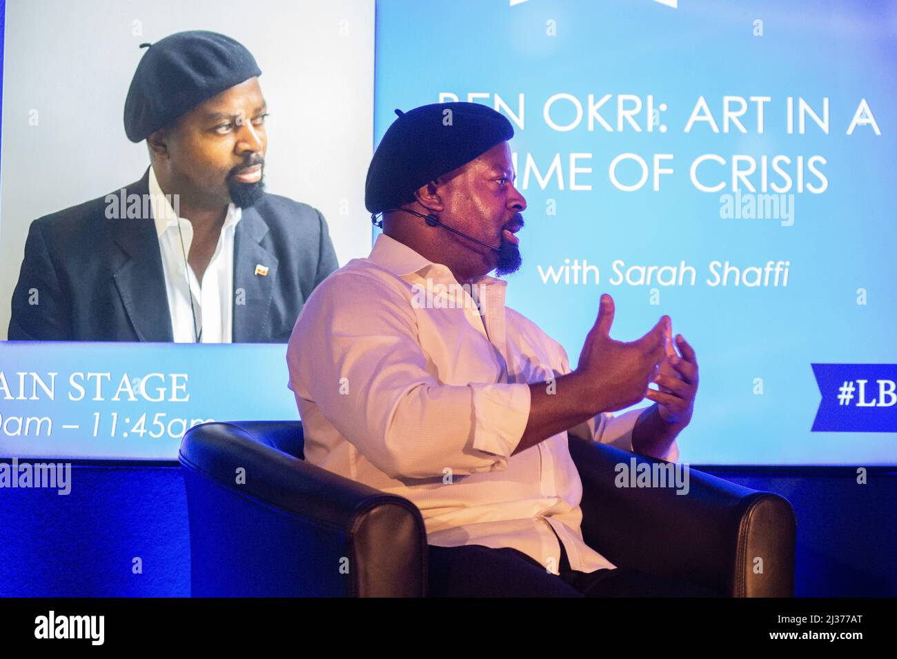 London, UK. 6th Apr, 2022. Ben Okri on Art and Crisis at the London Book Fair 2022. Nigerian born Booker Prize winner, Ben Okri spoke at the London Book Fair on Art and Crisis with especial reference to the war in Ukraine and Brexit. Credit: Peter Hogan/Alamy Live News Stock Photo