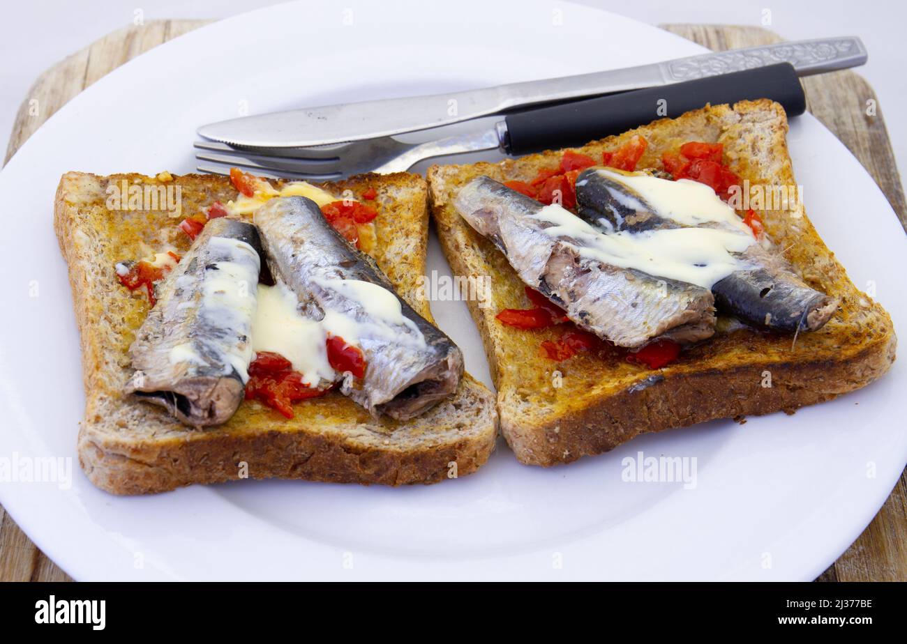Sardines with peppadew and mayonnaise on toast Stock Photo Alamy