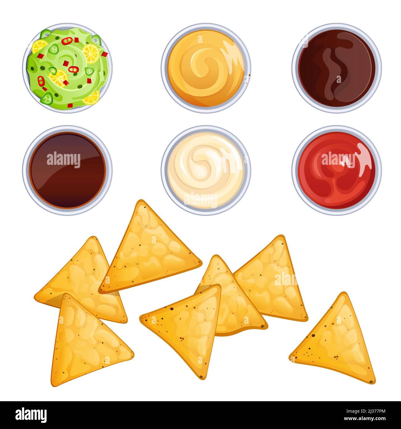Nacho chips and sauces in bowls, mexican food with dressings. Vector cartoon set of salsa, ketchup, mayonnaise, guacamole and soy sauce with corn tort Stock Vector