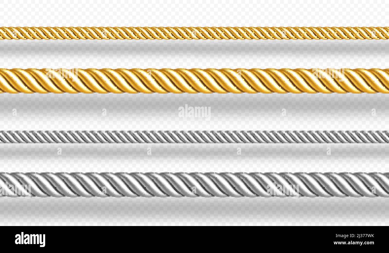 Gold and silver ropes, twisted twines isolated on white background. Vector realistic set of 3d golden and metal satin cords. Decoration borders of str Stock Vector