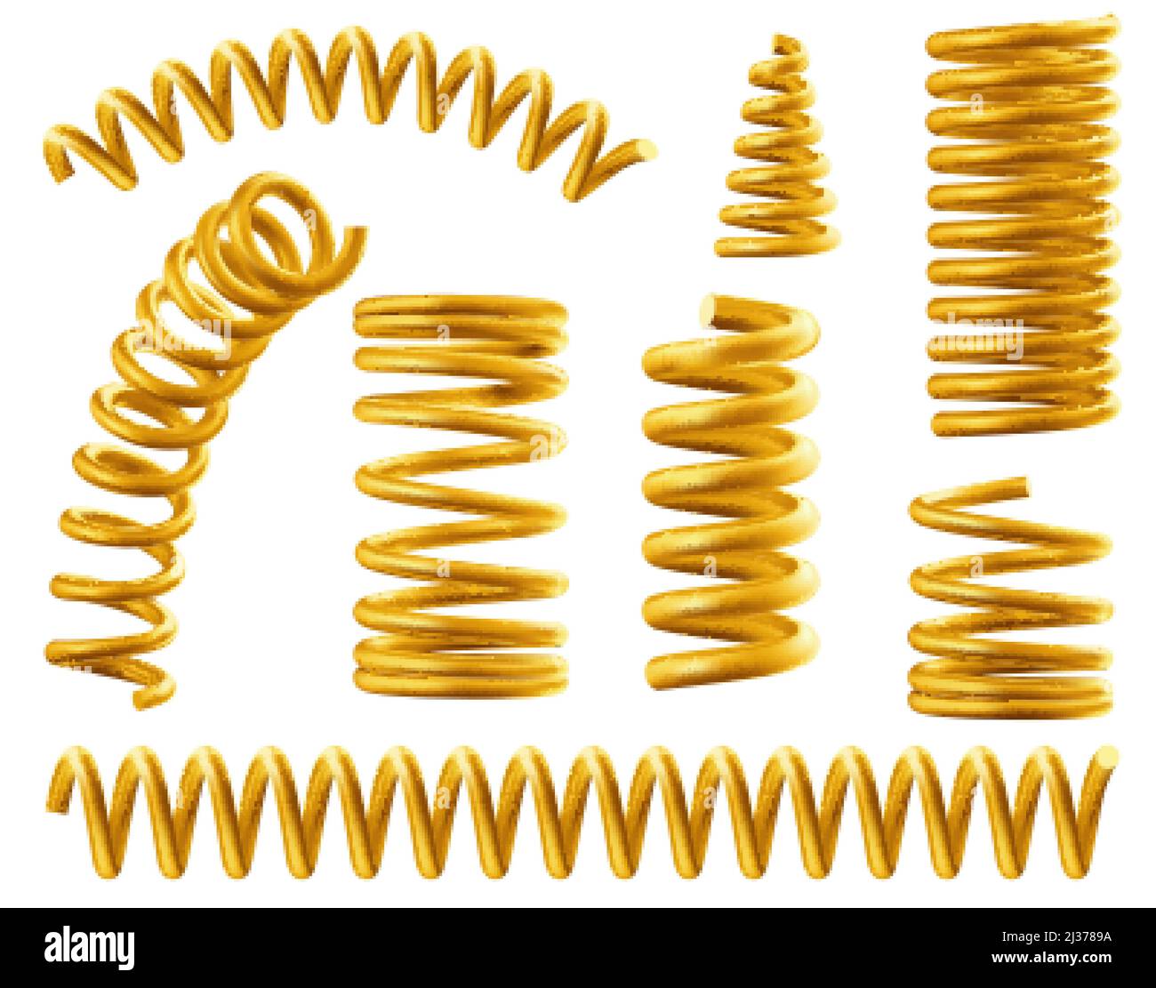 Gold spring coils, flexible spiral metal wire. Vector realistic set of