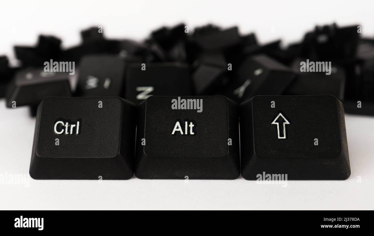 Ctrl Alt Shift shortcut text created with keyboard keys isolated on white background, white shortcut on black keyboard, top view Stock Photo