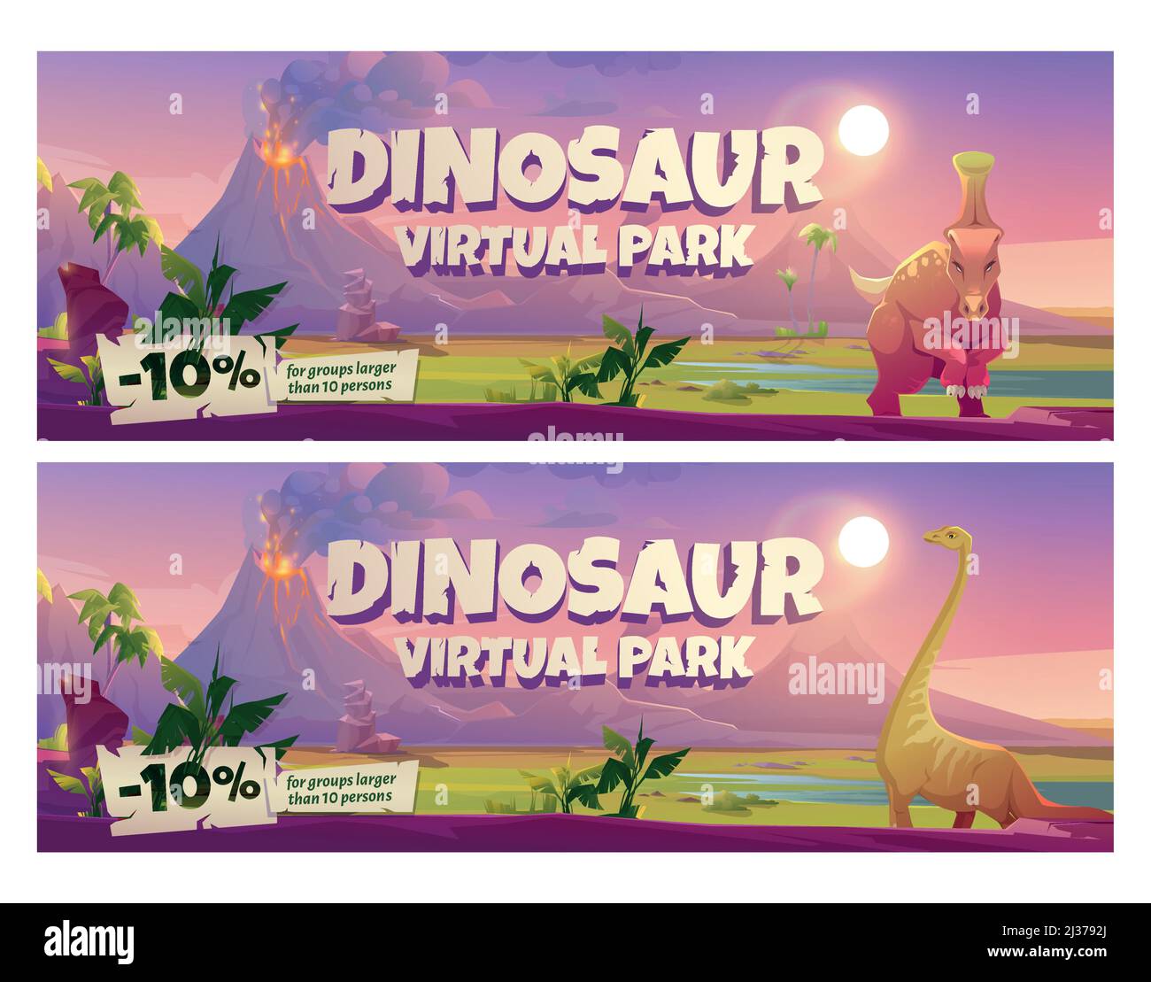 Dinosaur virtual park cartoon posters, historical online museum visit promo with discount for large groups. Educational prehistory portal, paleontolog Stock Vector