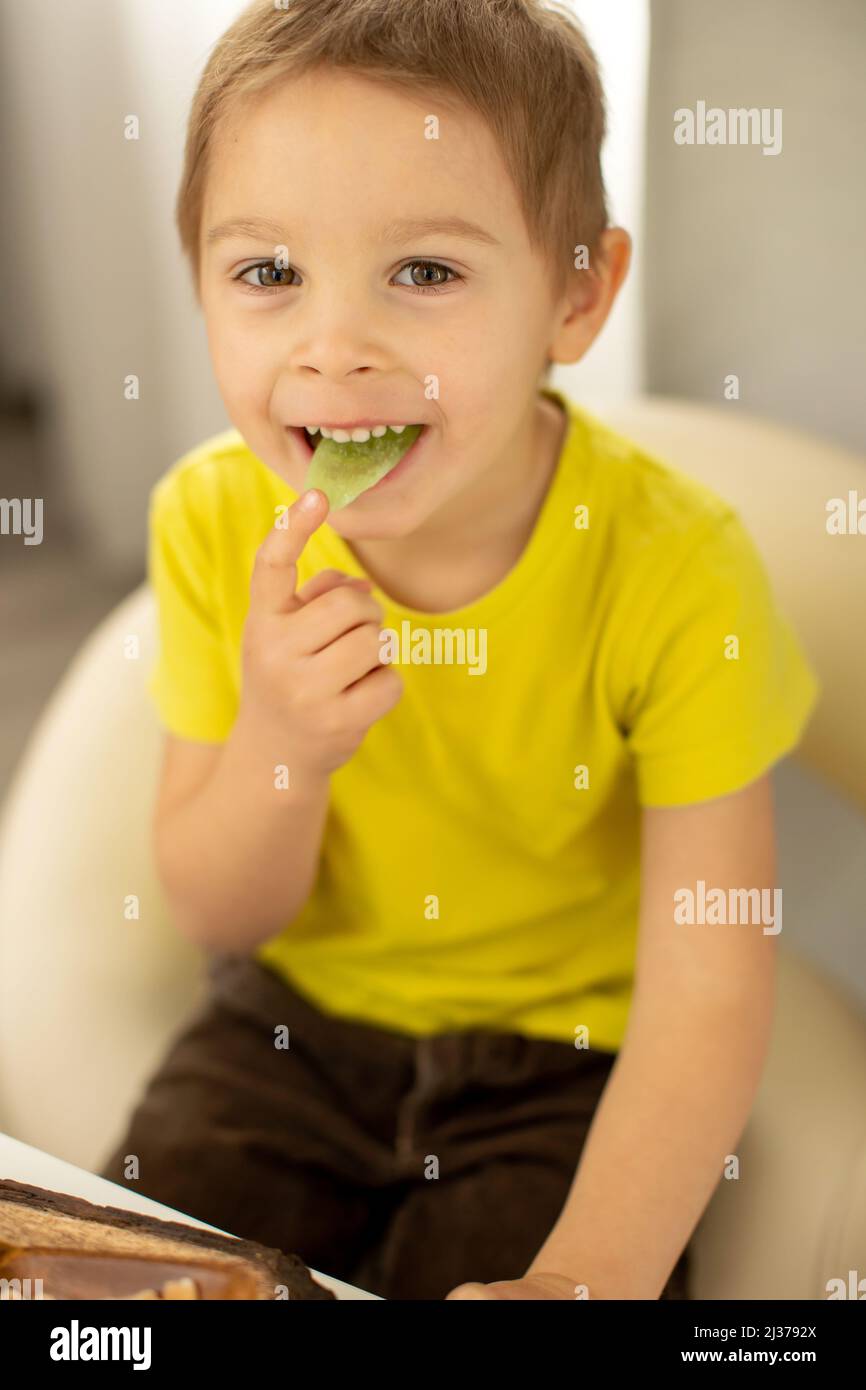 Cute little preschool child, boy, eating dried fruits at home