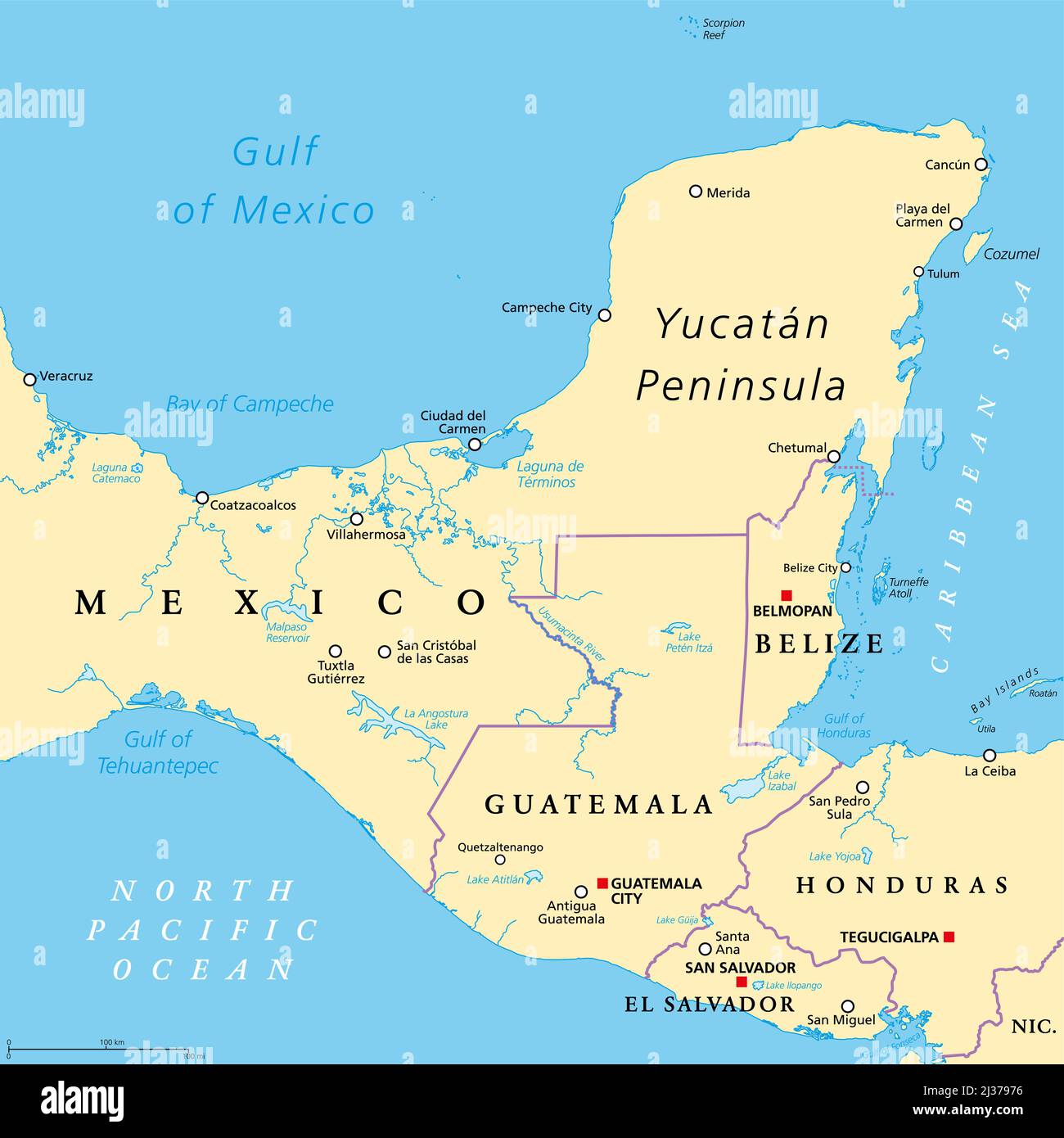 Yucatan Peninsula political map. Large peninsula in southeastern Mexico and adjectants portions of Belize and Guatemala. Stock Photo