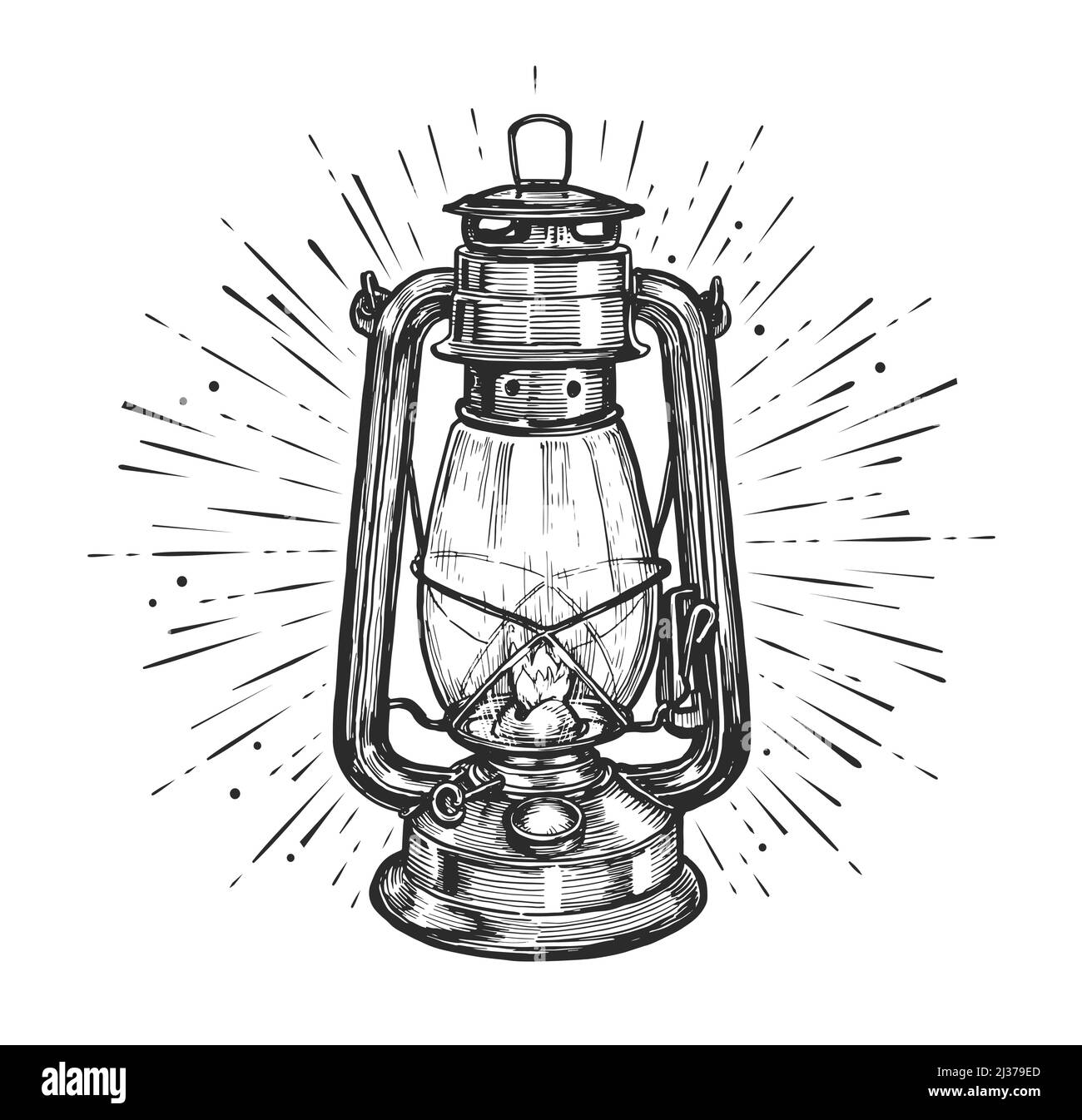 Vintage glowing lantern hand drawing engraving style. Kerosene lamp sketch vector illustration Stock Vector