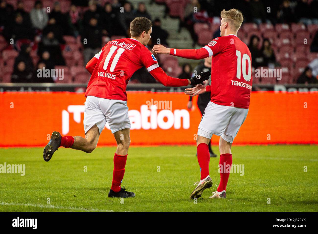 Herning, Denmark. 04th Apr, 2022. Nicklas Helenius (11) of Silkeborg IF scores during the 3F Superliga match between FC Midtjylland and Silkeborg IF at MCH Arena in Herning. (Photo Credit: Gonzales Photo/Alamy Live News Stock Photo