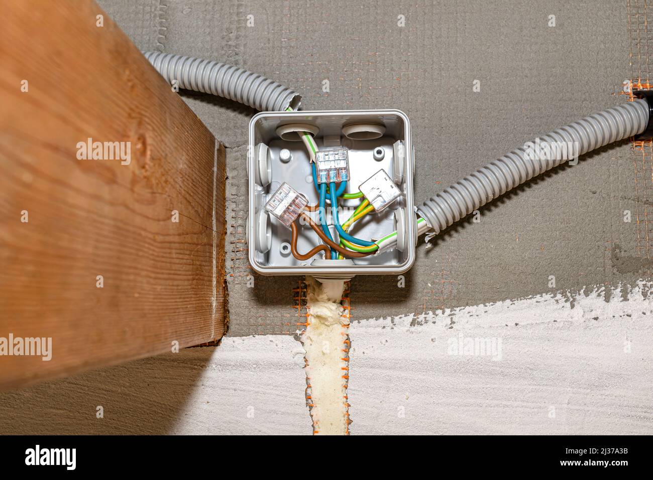 Electric cables for LED lighting connected in an electrical box on the