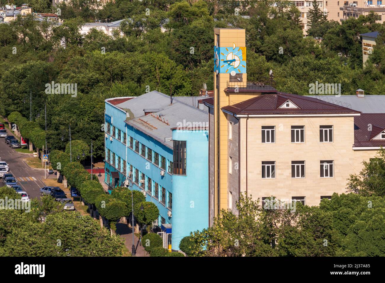 Aerial view of the main building of the Almaty Post in the city center