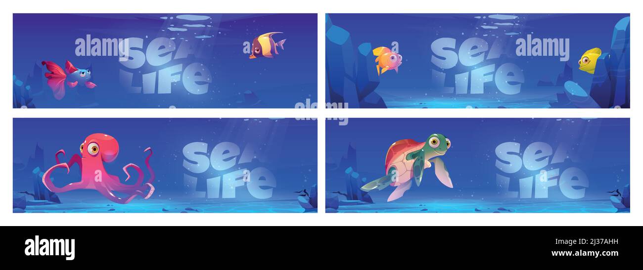 Sea life cartoon banners with underwater fishes and animals turtle and ...
