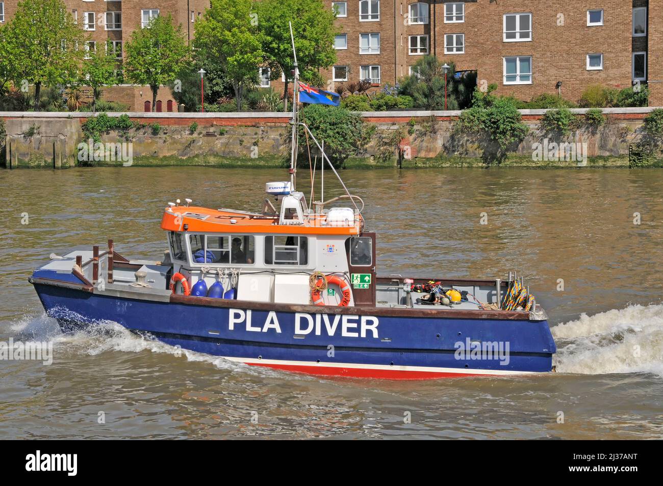 Port of London PLA Marine Services fully equipped support boat 'PLA Diver' at speed used by divers on varied underwater work River Thames England UK Stock Photo