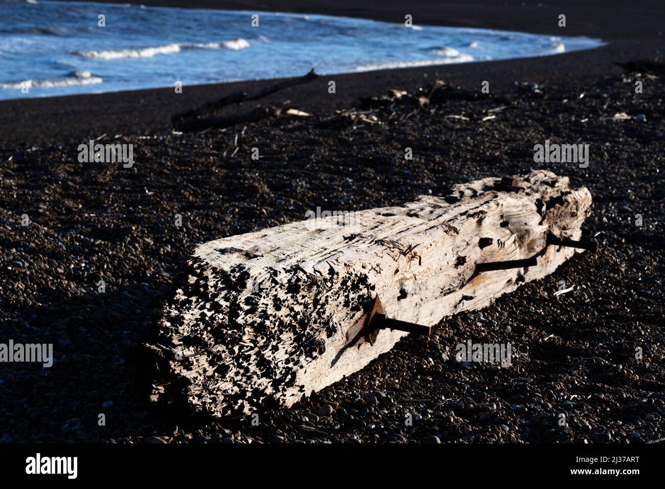 Beached wooden groyne due to coastal erosion Bawdsey Ferry Suffolk England Stock Photo