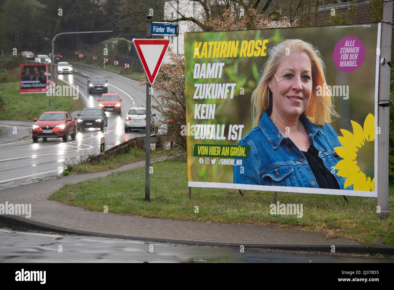 Muelheim, Deutschland. 05th Apr, 2022. Election poster of candidate Kathrin  Rose, Alliance 90/The Greens, election campaign posters of the political  parties for the state elections of North Rhine-Westphalia 2022 in Muelheim  on