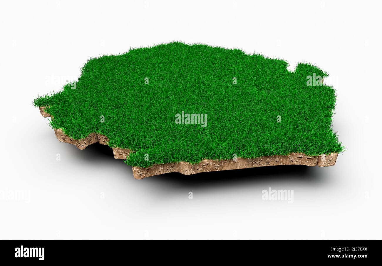 A 3D rendering of a Sierra Leone map with green grass and rock ground ...