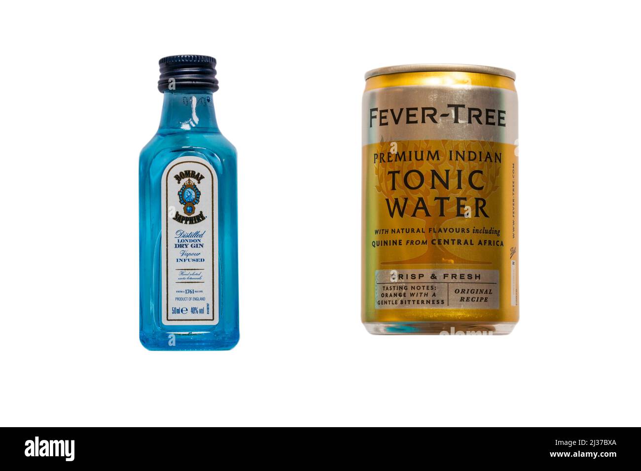 miniature bottle of Bombay Sapphire Gin and can of Fever-tree premium Indian Tonic Water isolated on white background Stock Photo