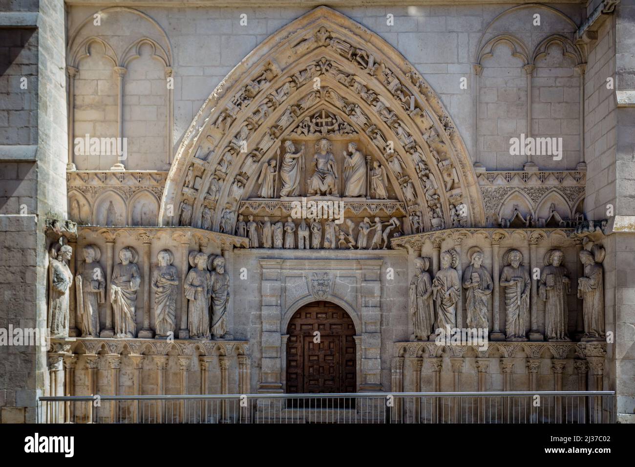 Sculptures portraying the apostles in the doorway of the gothic cathedral of Burgos, Spain. Stock Photo