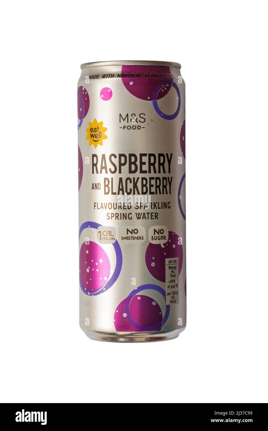 Can of Raspberry and Blackberry flavoured sparkling spring water from M&S isolated on white background Stock Photo