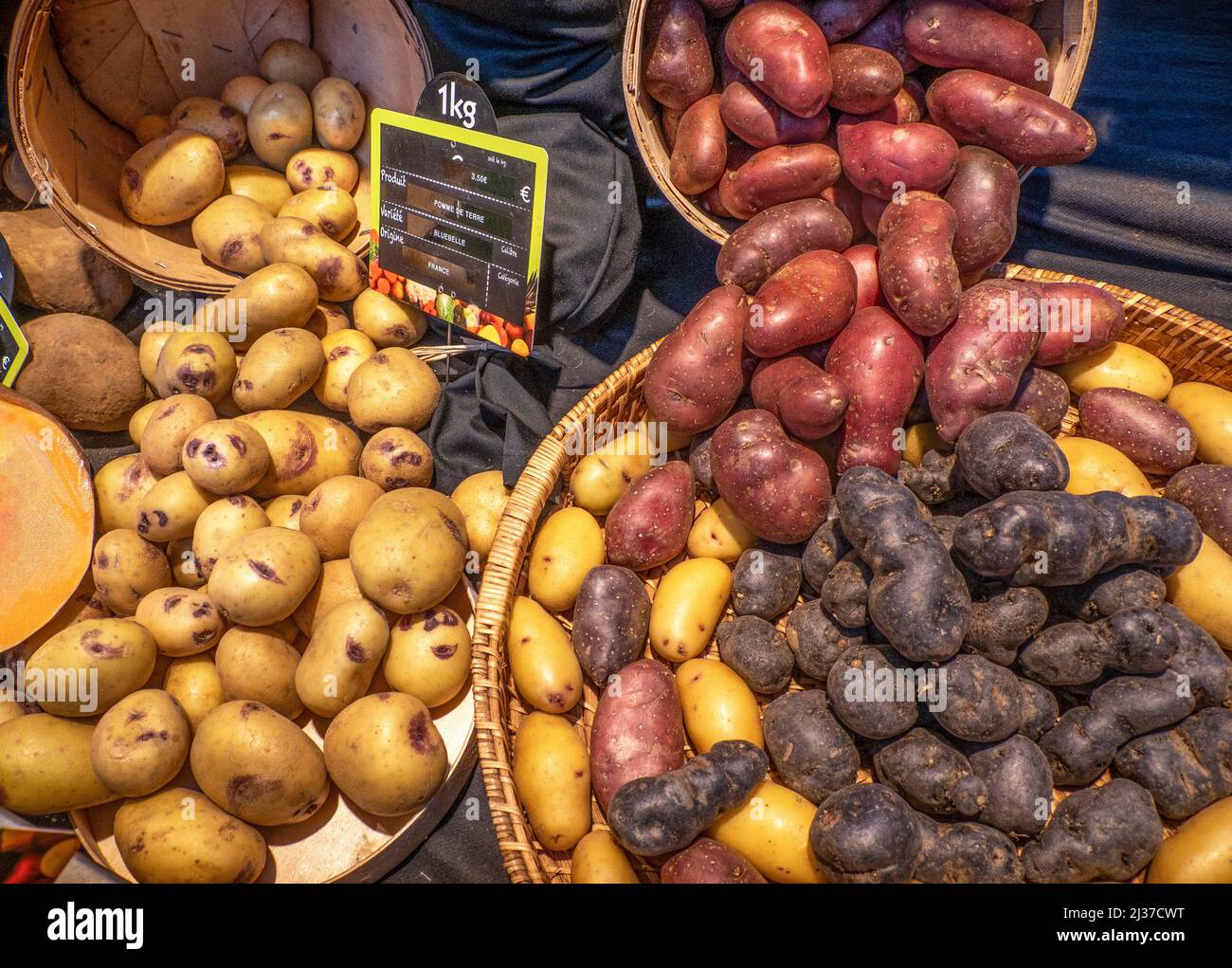 France-Food- different kinds of potatoes. Stock Photo